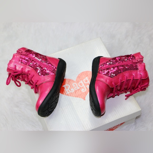 Girls Ragg Pink Sequin Leather Lace Up Side Zipper New Boots Shoes Size 22 US 6 - Picture 8 of 10